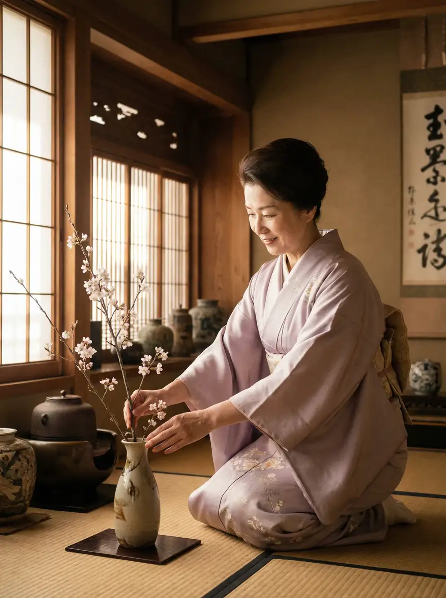 一位优雅的 500彩票网址 在和室中插花
